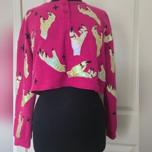 QUEEN OF SPARKLES Hot Pink Cropped Knit Top with Iridescent Gold Hand Appliqués